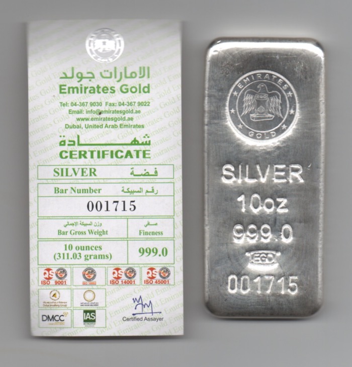 10 oz Silver Bar Emirates .999 Numbered 001715 w/Certificate